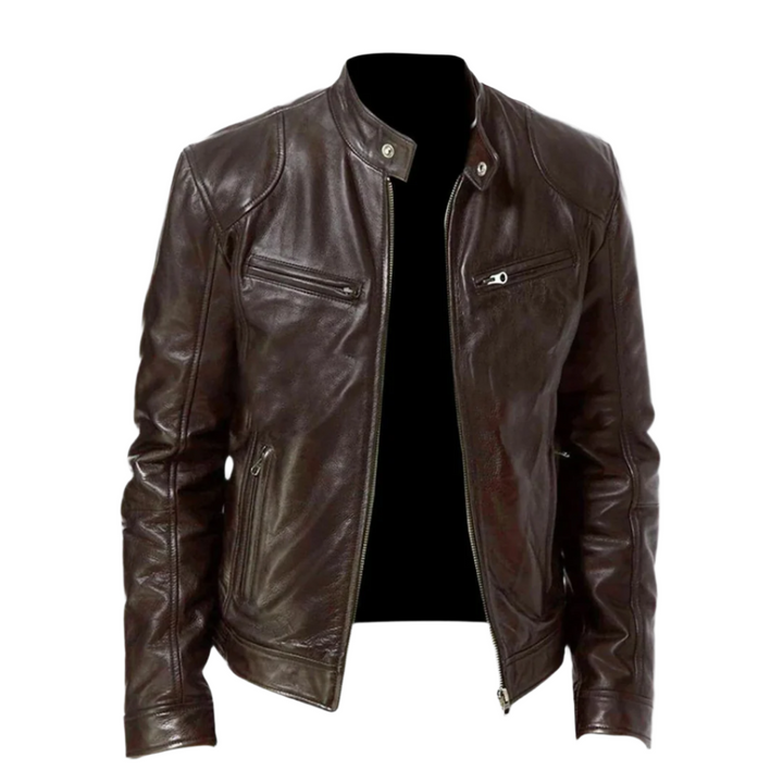 Evy | Stylish Men's Black Leather Jacket With Stand Collar