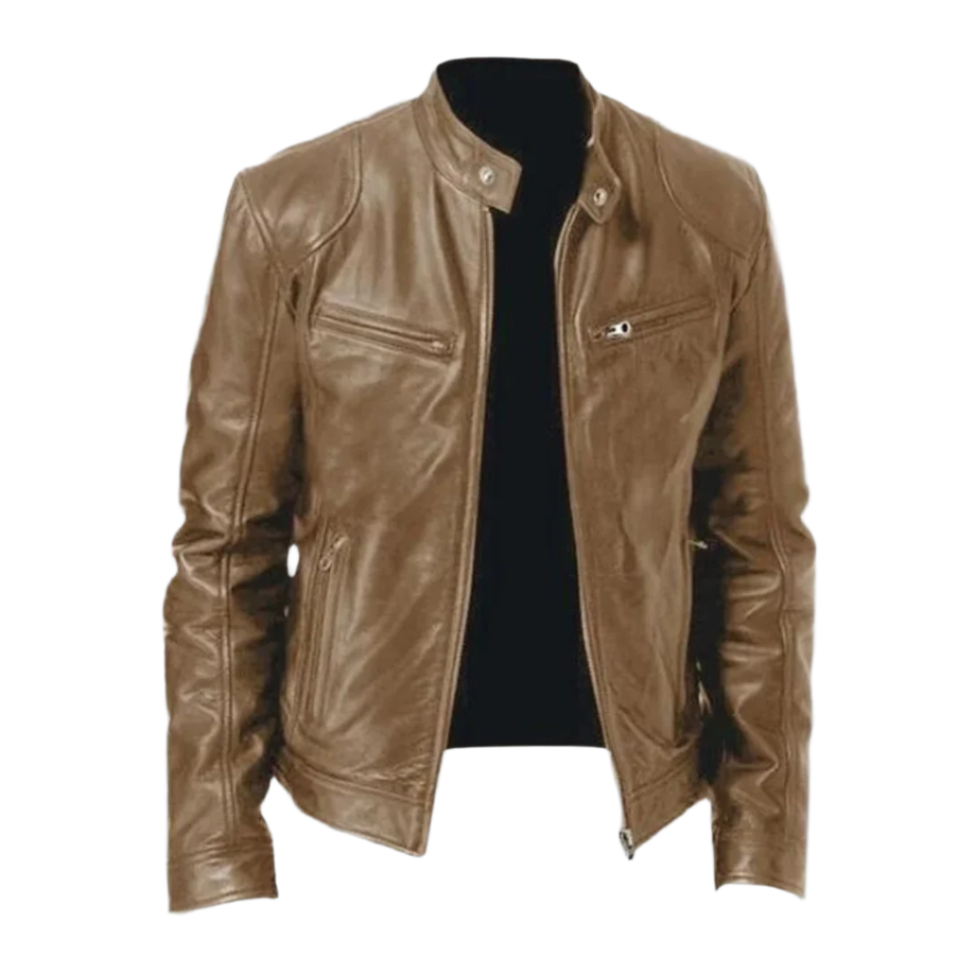 Evy | Stylish Men's Black Leather Jacket With Stand Collar