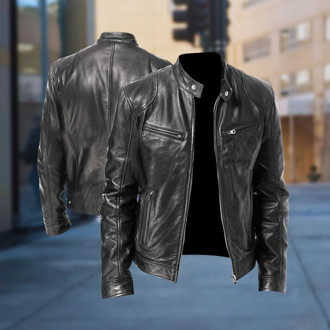 Evy | Stylish Men's Black Leather Jacket With Stand Collar