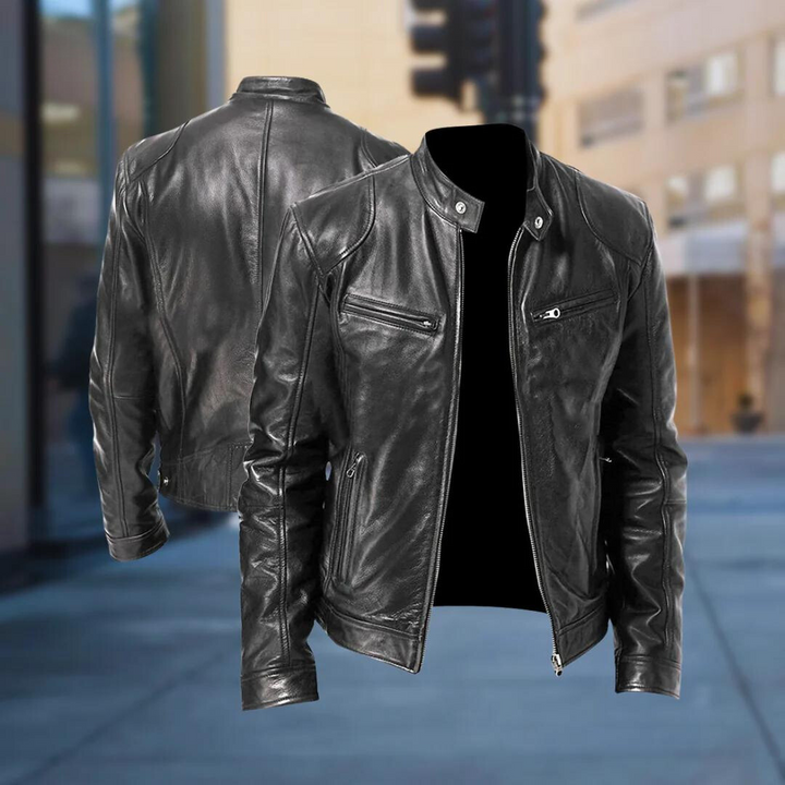 Evy | Stylish Men's Black Leather Jacket With Stand Collar
