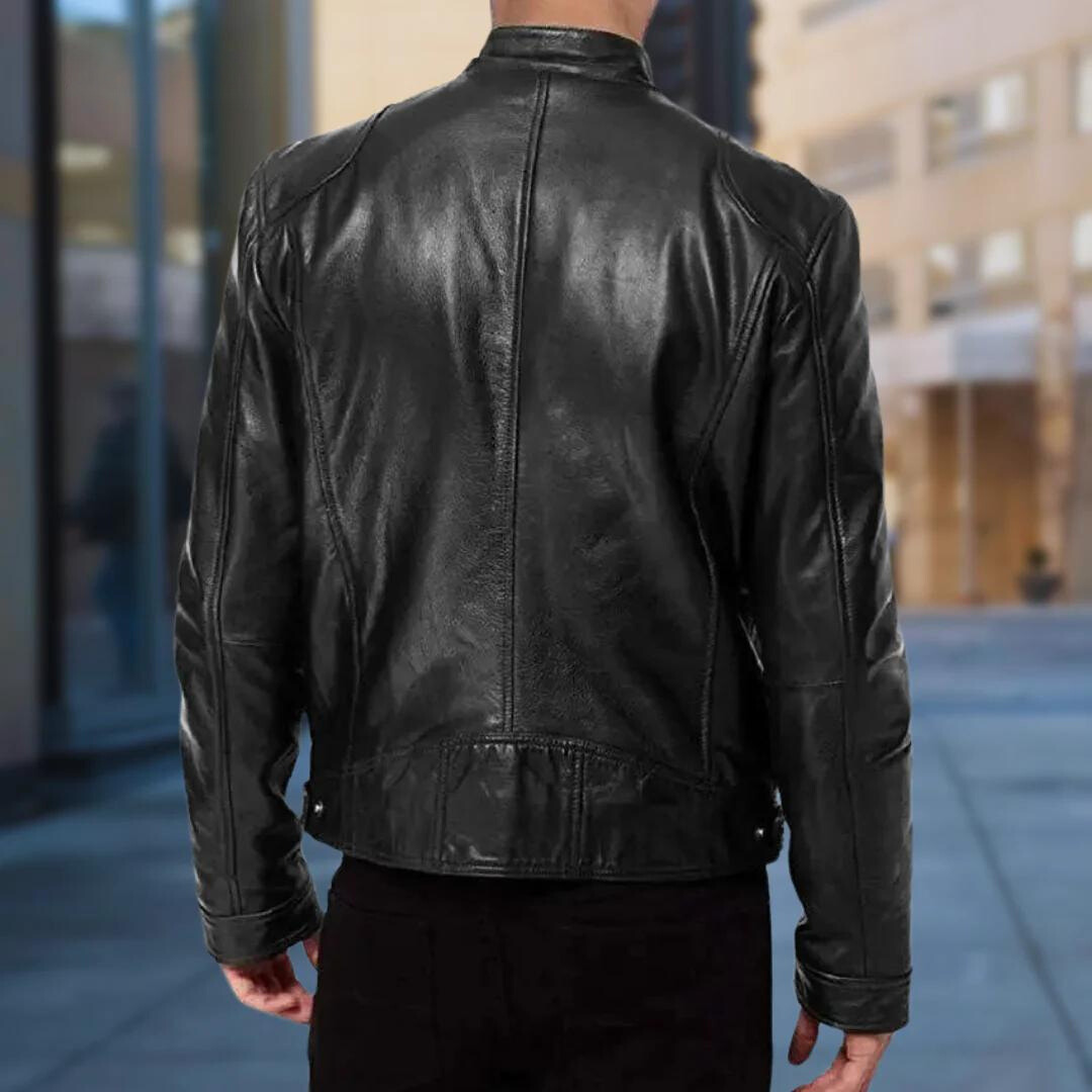 Evy | Stylish Men's Black Leather Jacket With Stand Collar