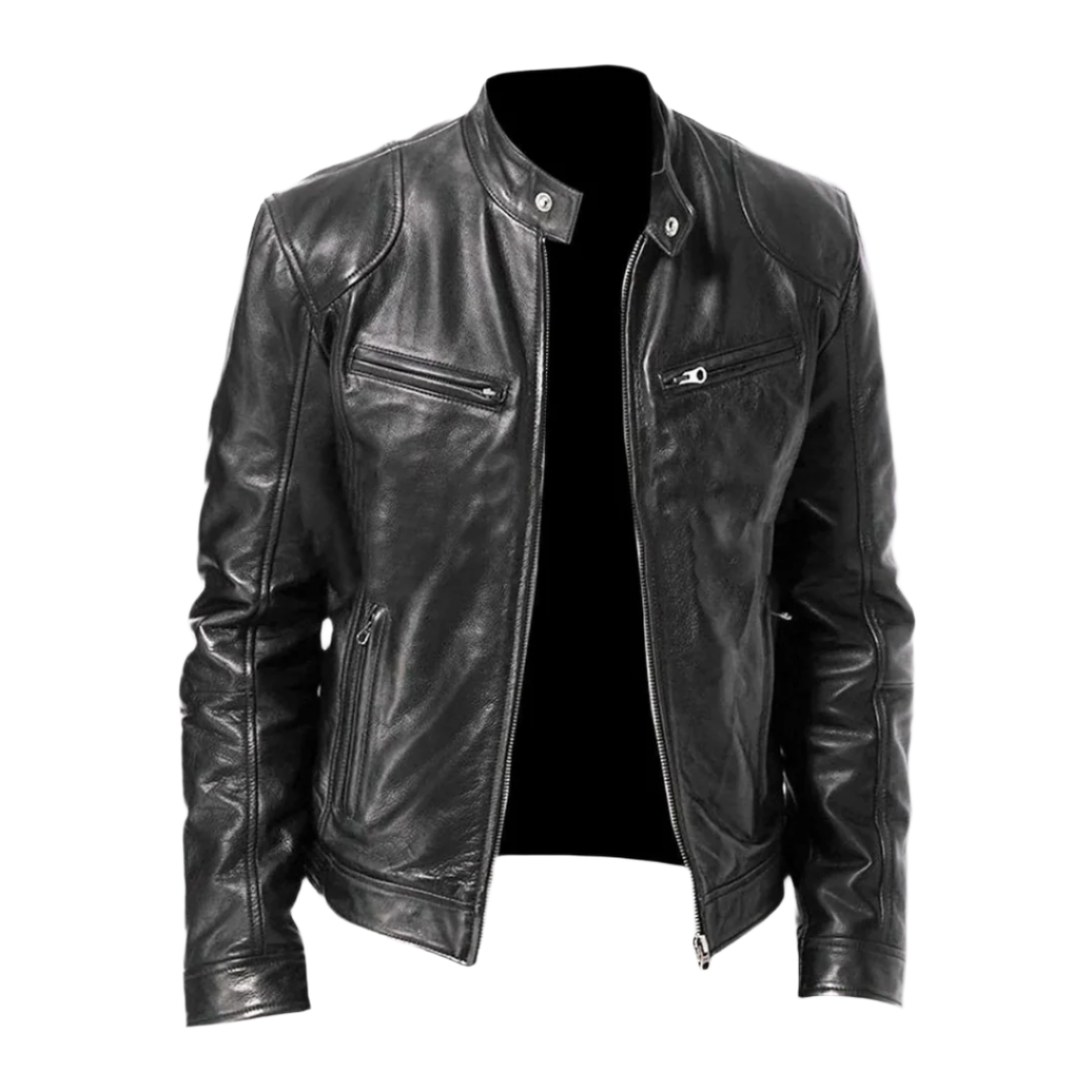 Evy | Stylish Men's Black Leather Jacket With Stand Collar