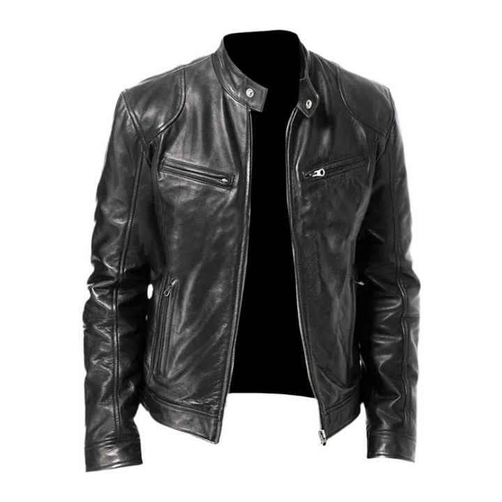 Evy | Stylish Men's Black Leather Jacket With Stand Collar
