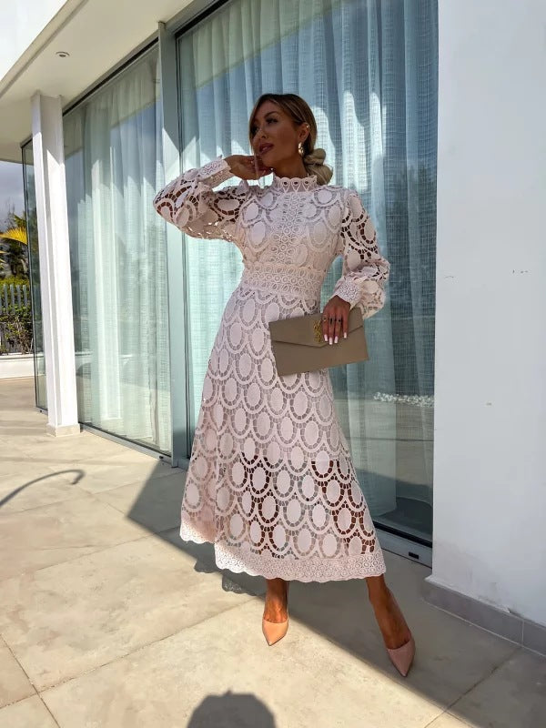 Evy | Elegant Lace Midi Dress With High Neck And Puff Sleeves