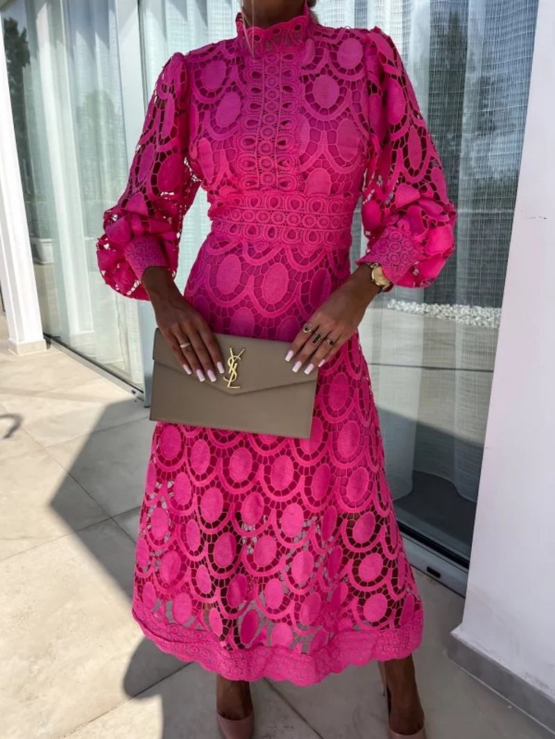 Evy | Elegant Lace Midi Dress With High Neck And Puff Sleeves
