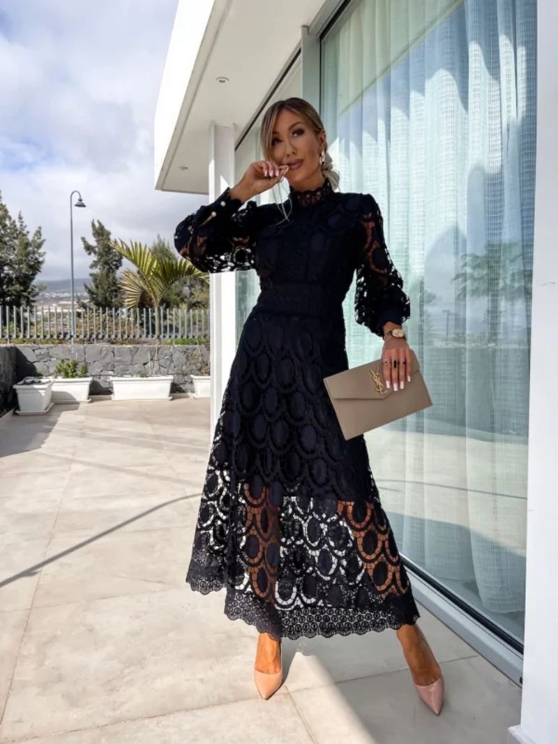 Evy | Elegant Lace Midi Dress With High Neck And Puff Sleeves