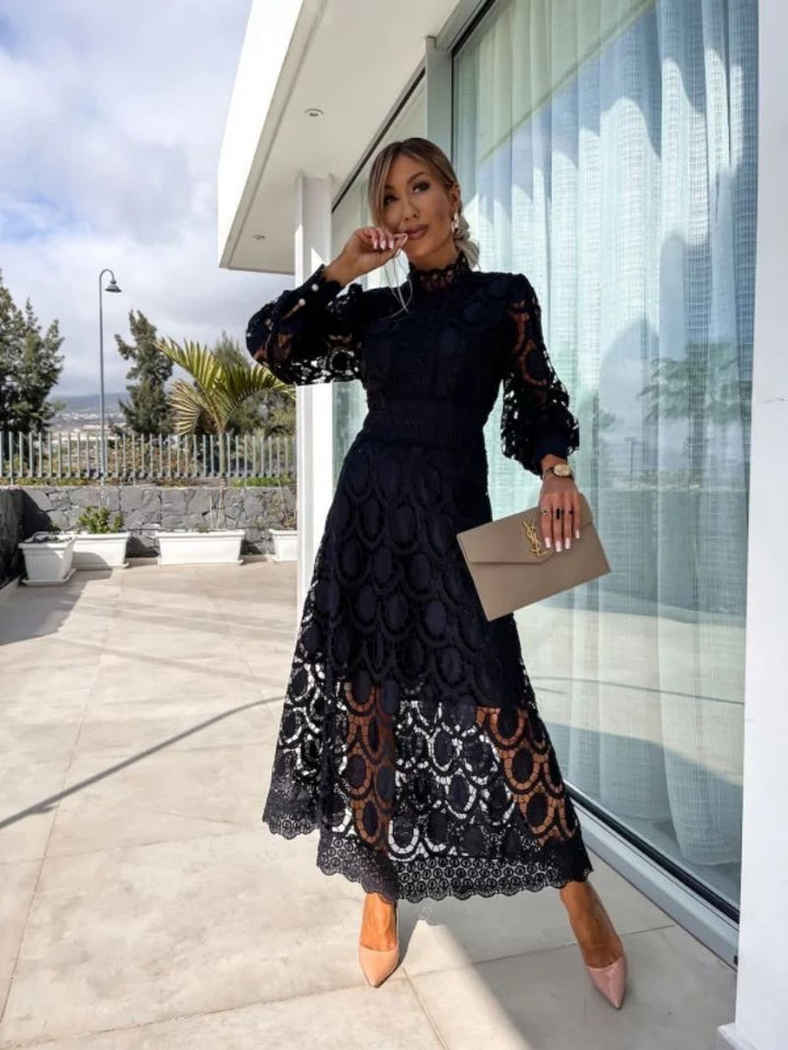 Evy | Elegant Lace Midi Dress With High Neck And Puff Sleeves