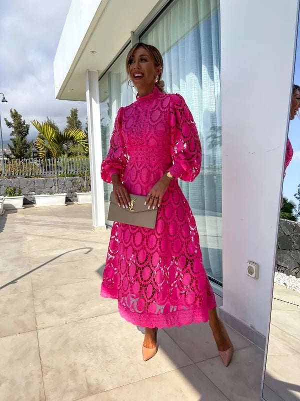 Evy | Elegant Lace Midi Dress With High Neck And Puff Sleeves