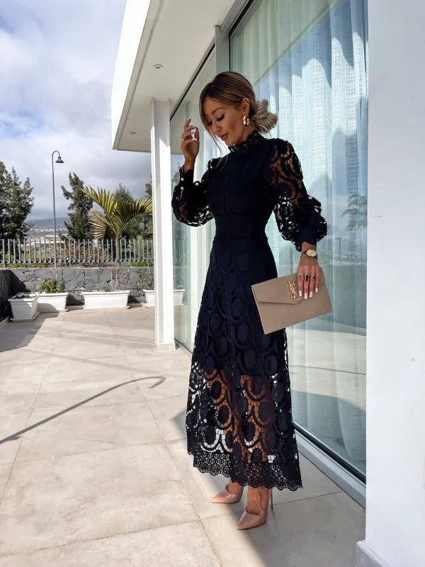 Evy | Elegant Lace Midi Dress With High Neck And Puff Sleeves