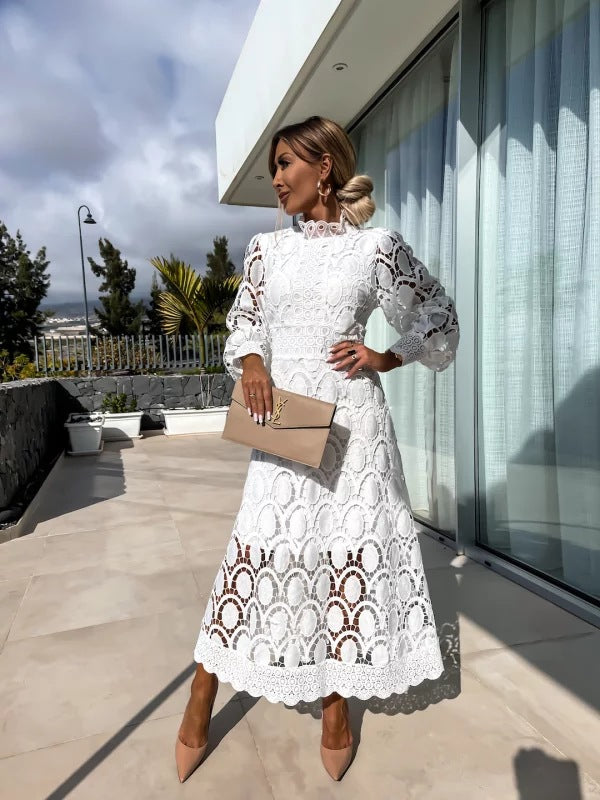 Evy | Elegant Lace Midi Dress With High Neck And Puff Sleeves