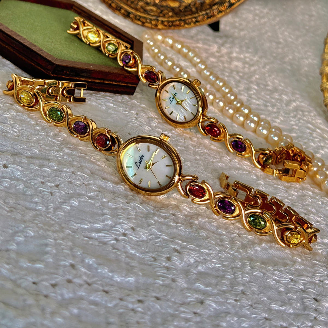 Elysa | Elegant Gold Gemstone Bracelet Watch With Mother Of Pearl