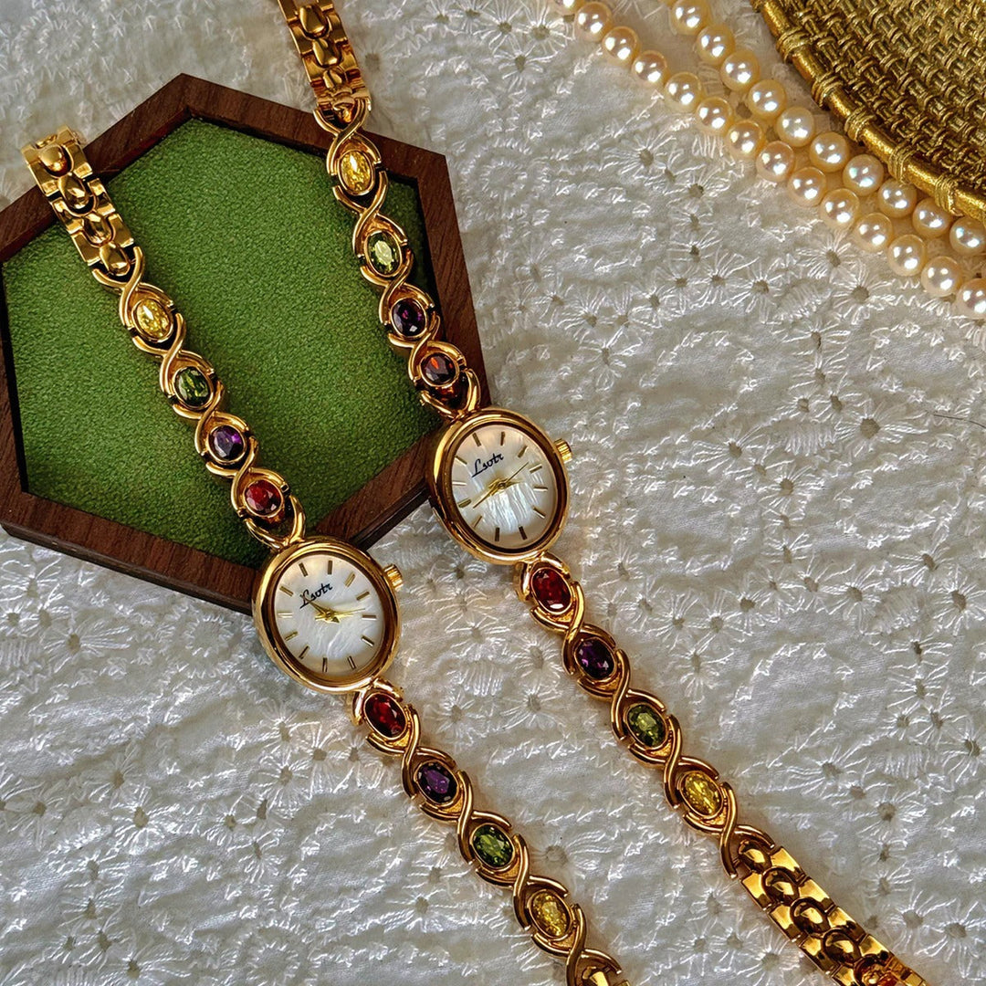Elysa | Elegant Gold Gemstone Bracelet Watch With Mother Of Pearl