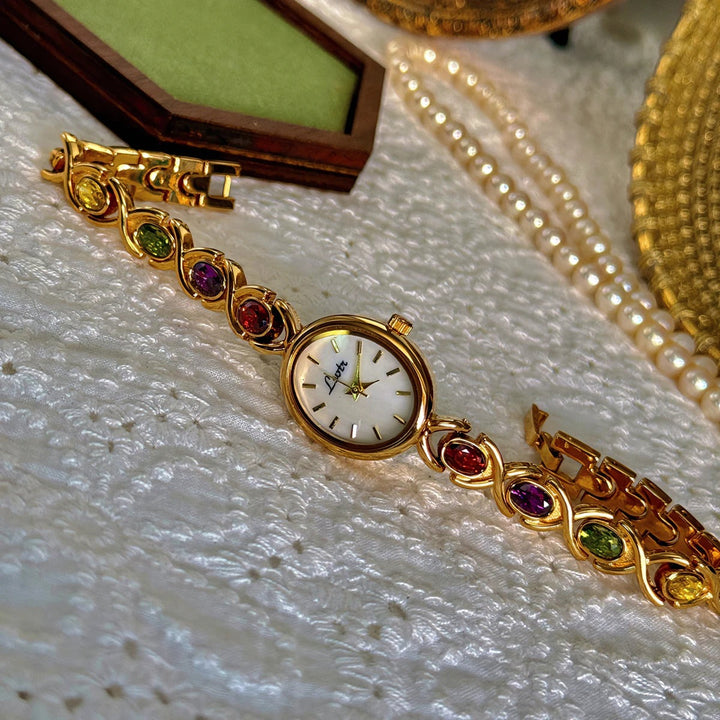Elysa | Elegant Gold Gemstone Bracelet Watch With Mother Of Pearl