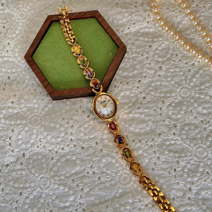 Elysa | Elegant Gold Gemstone Bracelet Watch With Mother Of Pearl