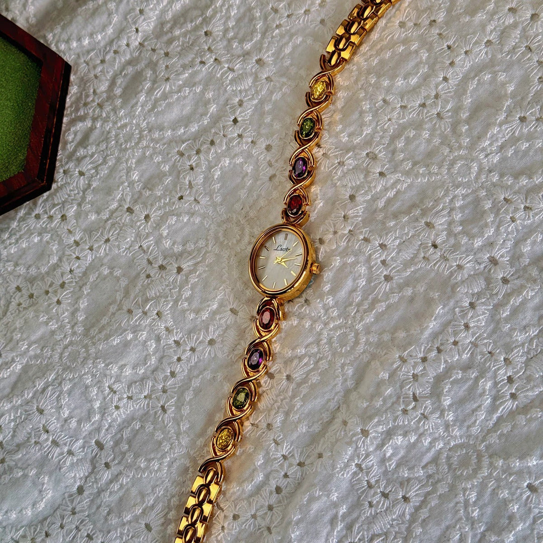 Elysa | Elegant Gold Gemstone Bracelet Watch With Mother Of Pearl