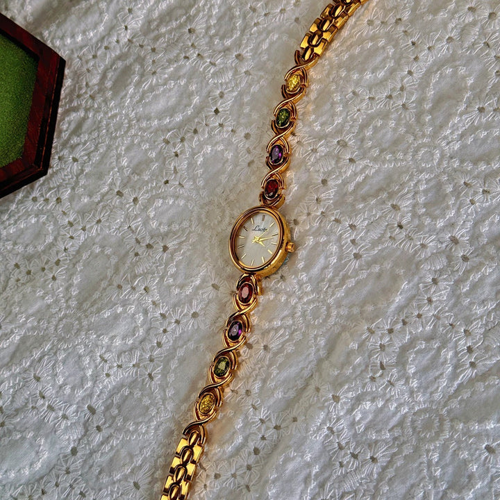 Elysa | Elegant Gold Gemstone Bracelet Watch With Mother Of Pearl