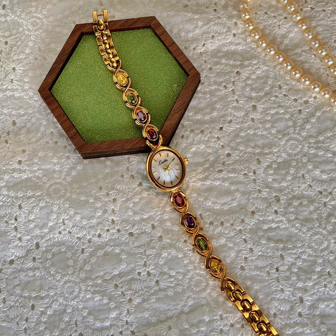 Elysa | Elegant Gold Gemstone Bracelet Watch With Mother Of Pearl