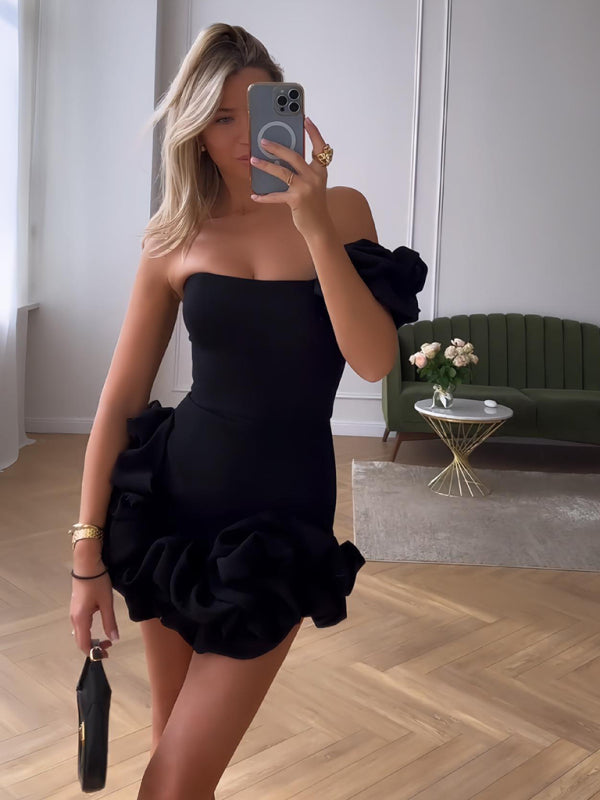 Evy | Chic One Shoulder Ruffle Mini Dress With Dramatic Sleeves