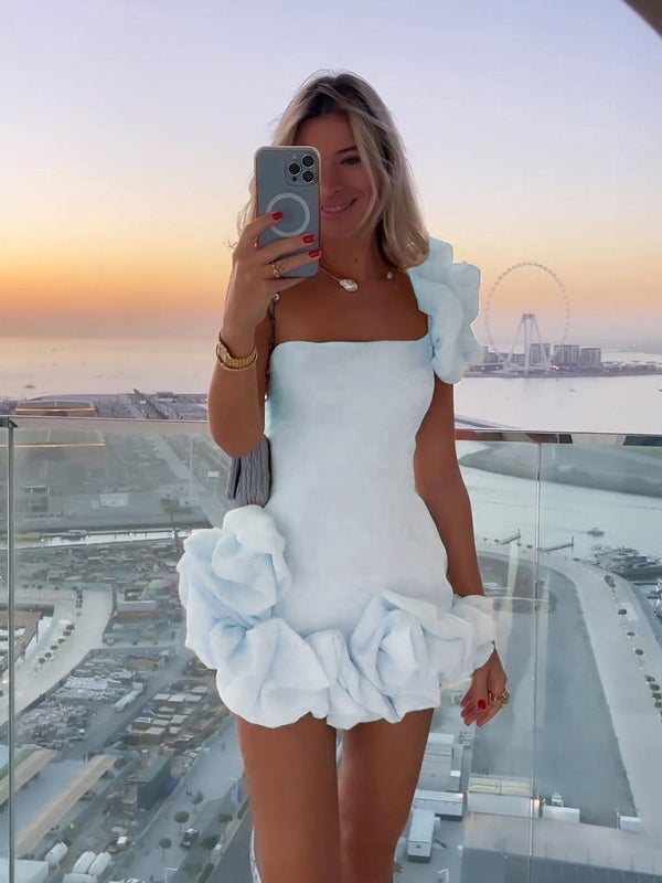 Evy | Chic One Shoulder Ruffle Mini Dress With Dramatic Sleeves