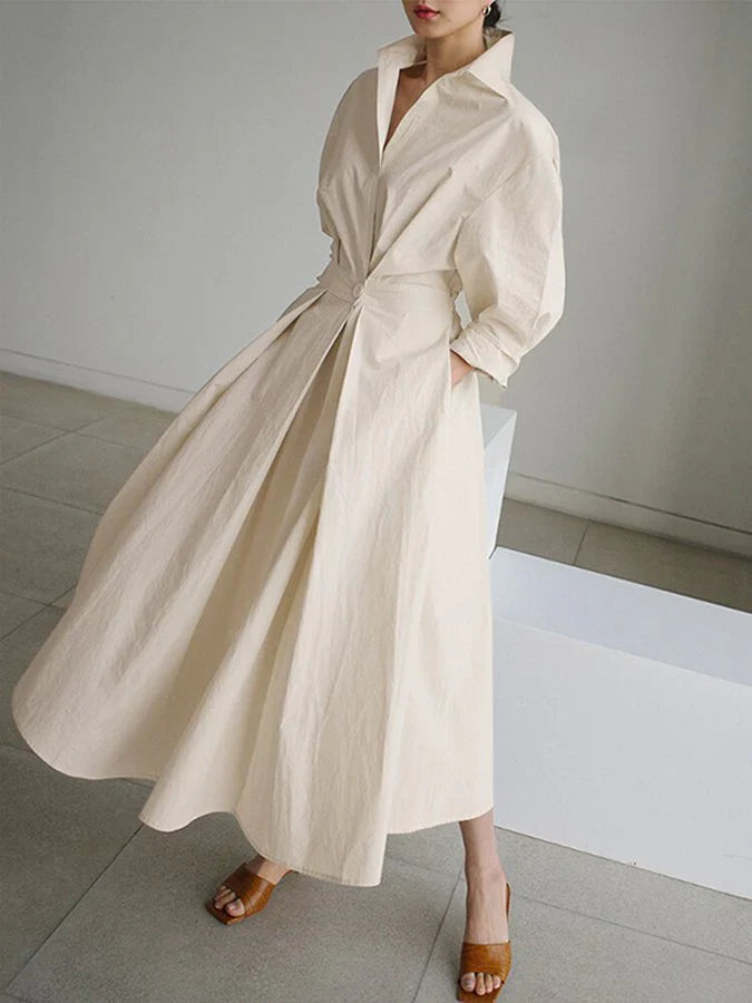 Elyse | Elegant Pleated Maxi Shirt Dress With Belted Waist