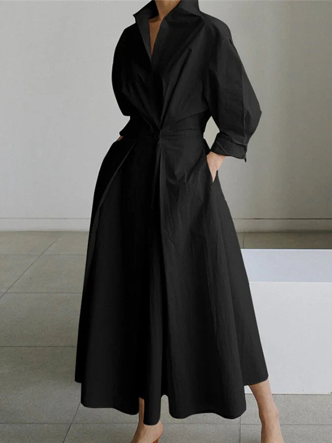 Elyse | Elegant Pleated Maxi Shirt Dress With Belted Waist