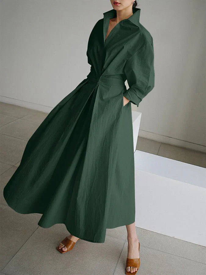 Elyse | Elegant Pleated Maxi Shirt Dress With Belted Waist