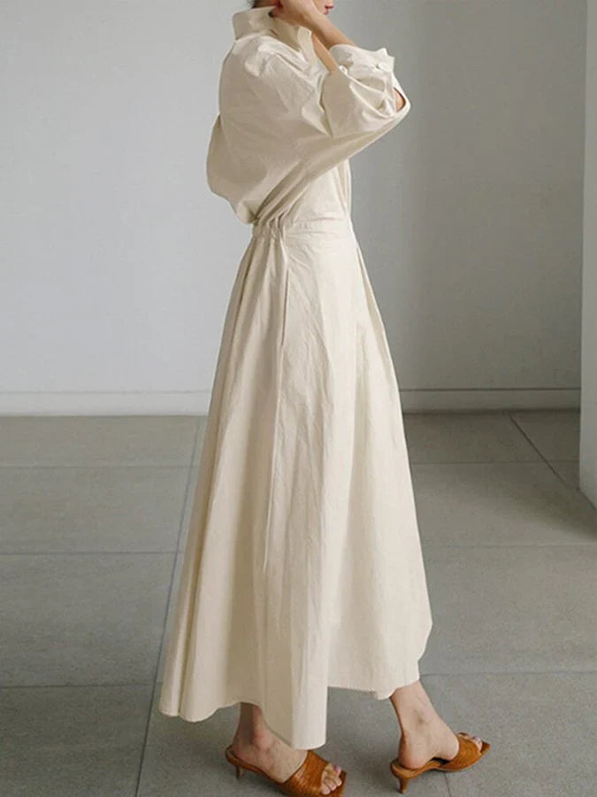 Elyse | Elegant Pleated Maxi Shirt Dress With Belted Waist