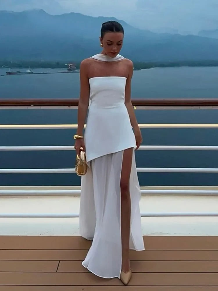 Melody | Elegant Strapless High-Slit Maxi Dress With Sheer Neckline