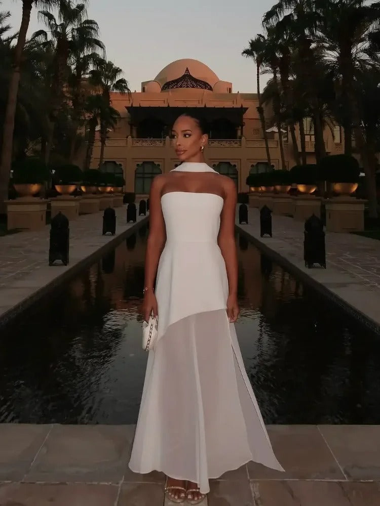 Melody | Elegant Strapless High-Slit Maxi Dress With Sheer Neckline