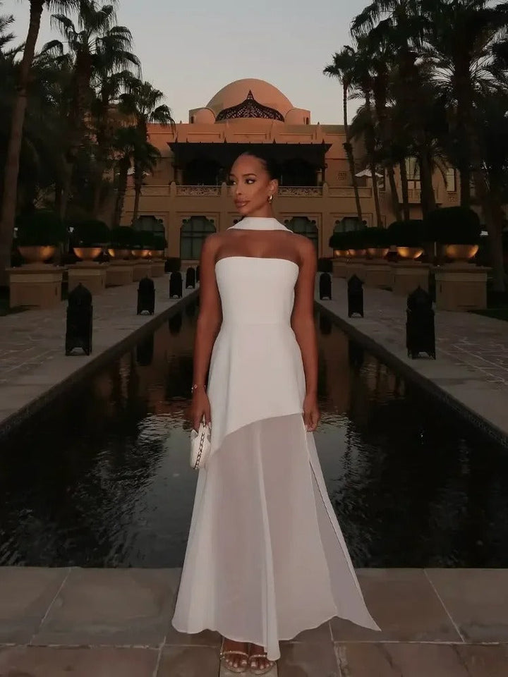 Melody | Elegant Strapless High-Slit Maxi Dress With Sheer Neckline