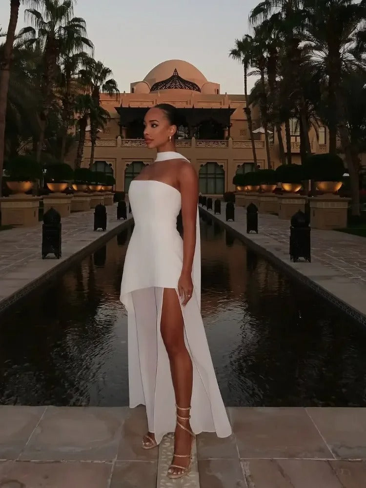Melody | Elegant Strapless High-Slit Maxi Dress With Sheer Neckline