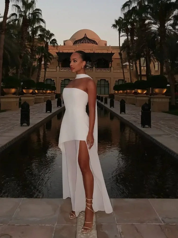Melody | Elegant Strapless High-Slit Maxi Dress With Sheer Neckline