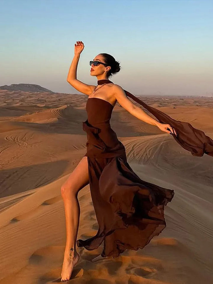 Melody | Elegant Strapless High-Slit Maxi Dress With Sheer Neckline