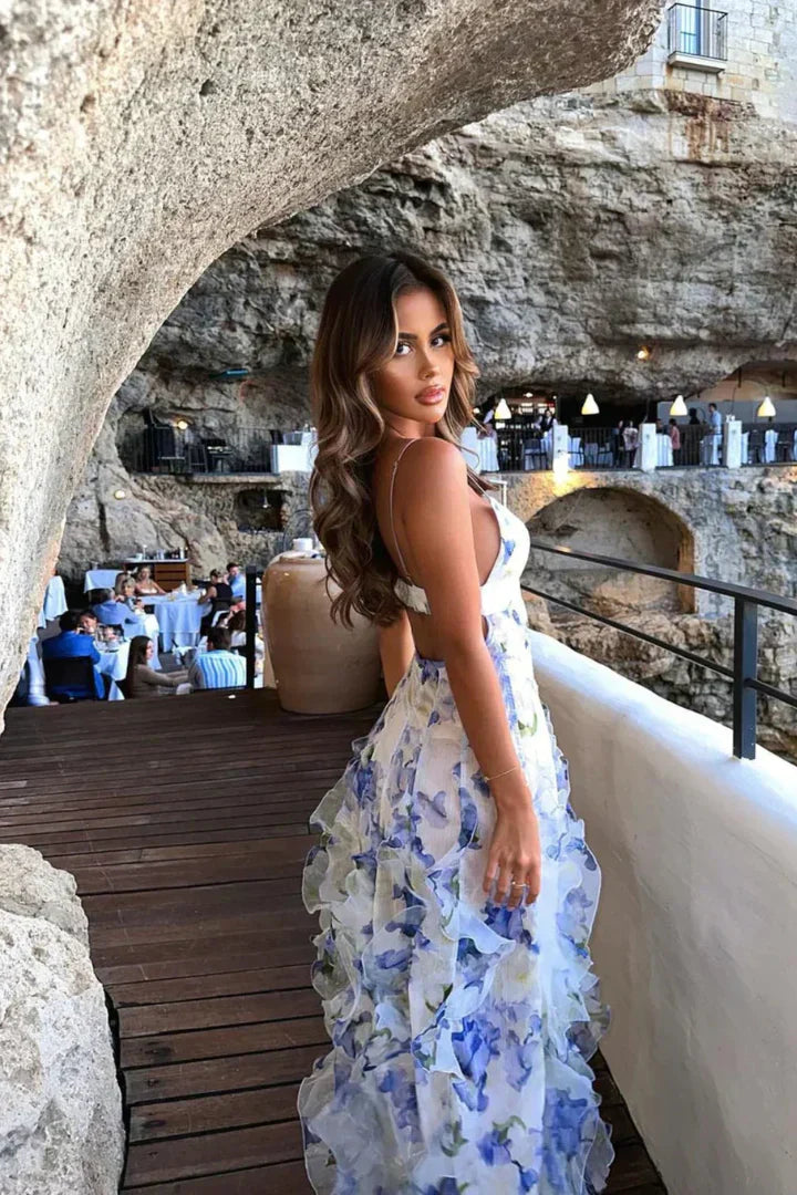 Eva | Elegant V-Neck Floral Ruffle Maxi Dress