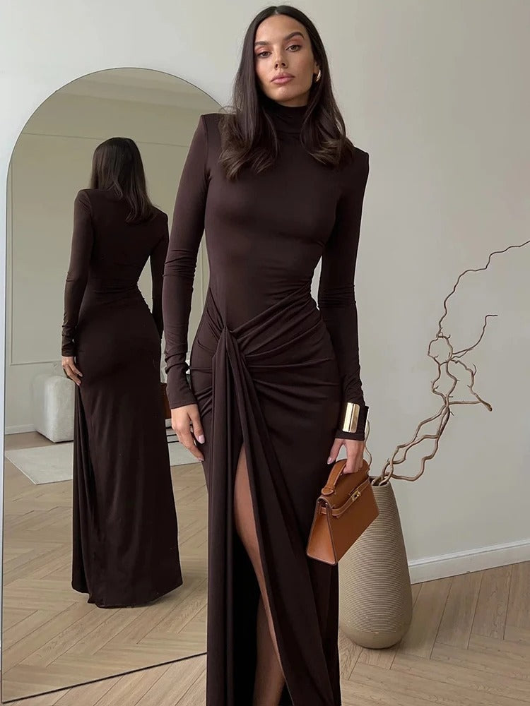 Luna | Elegant Turtleneck Ruched Slit Maxi Dress