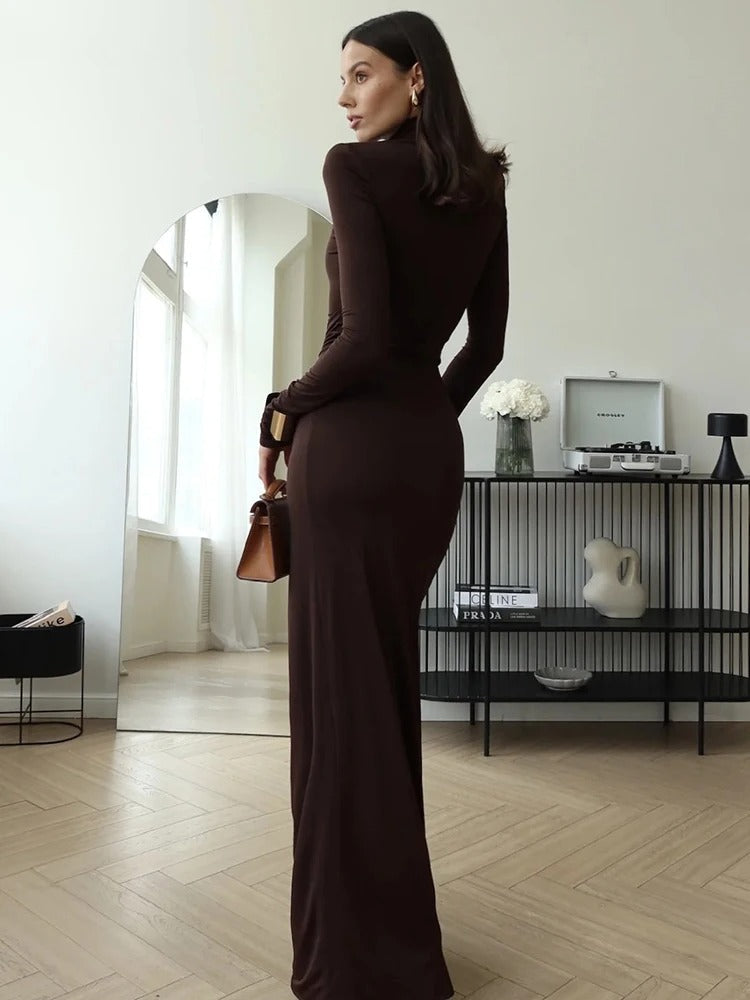Luna | Elegant Turtleneck Ruched Slit Maxi Dress