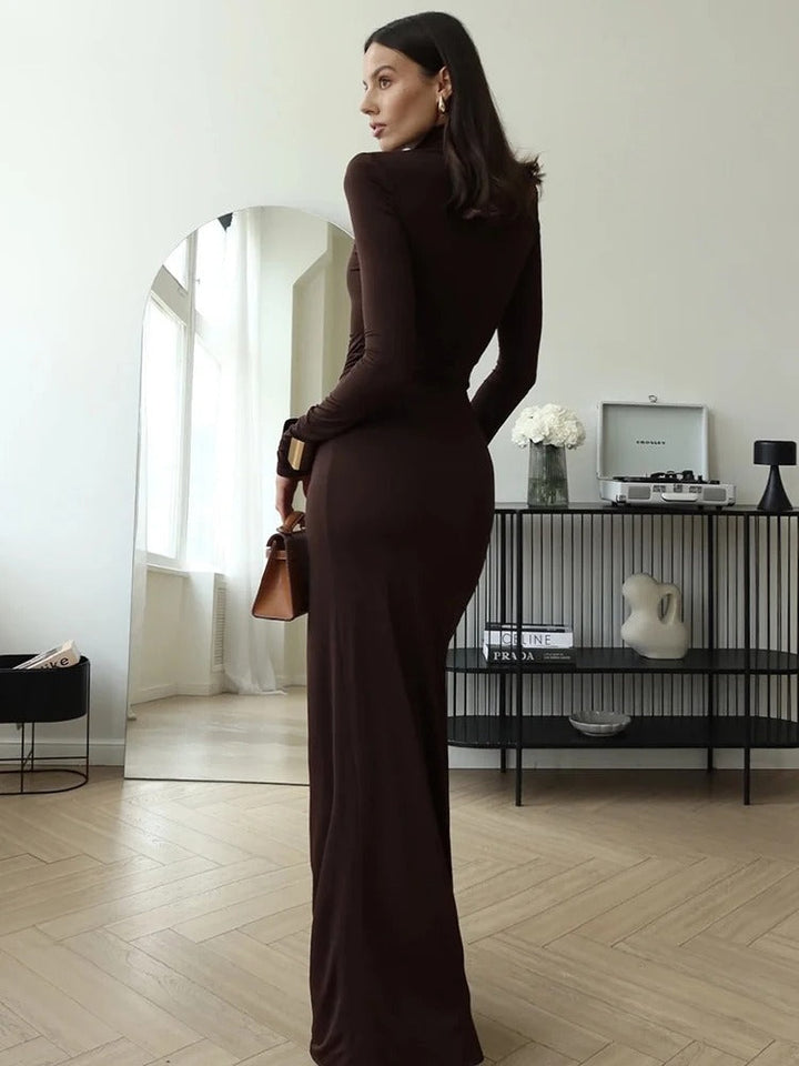Luna | Elegant Turtleneck Ruched Slit Maxi Dress