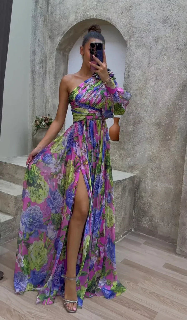 Evy | Elegant One-Shoulder Floral Maxi Dress With Slit