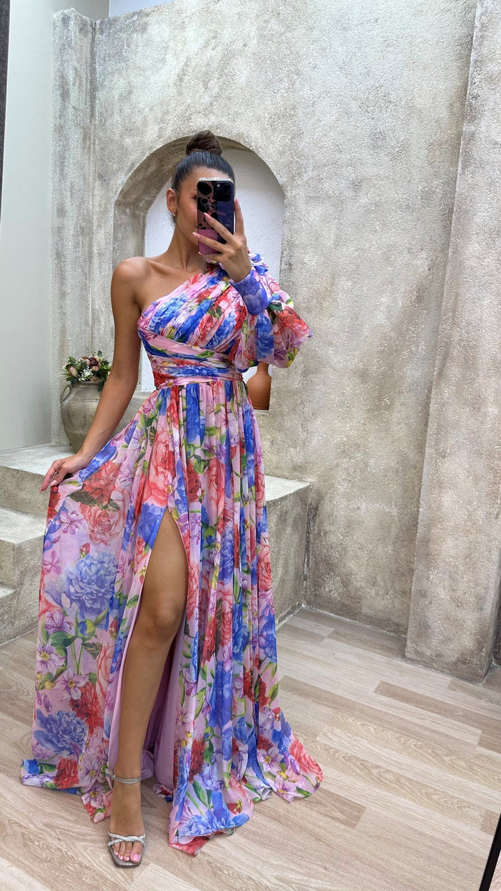 Evy | Elegant One-Shoulder Floral Maxi Dress With Slit