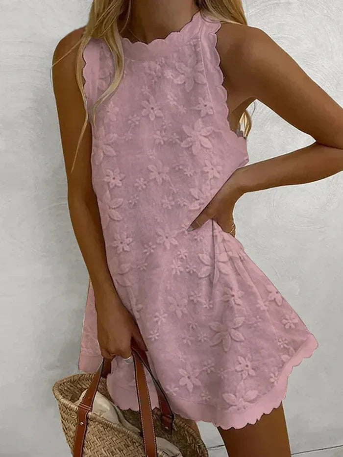 Elyse | Chic White Lace Scalloped Mini Dress With Floral Embroidery
