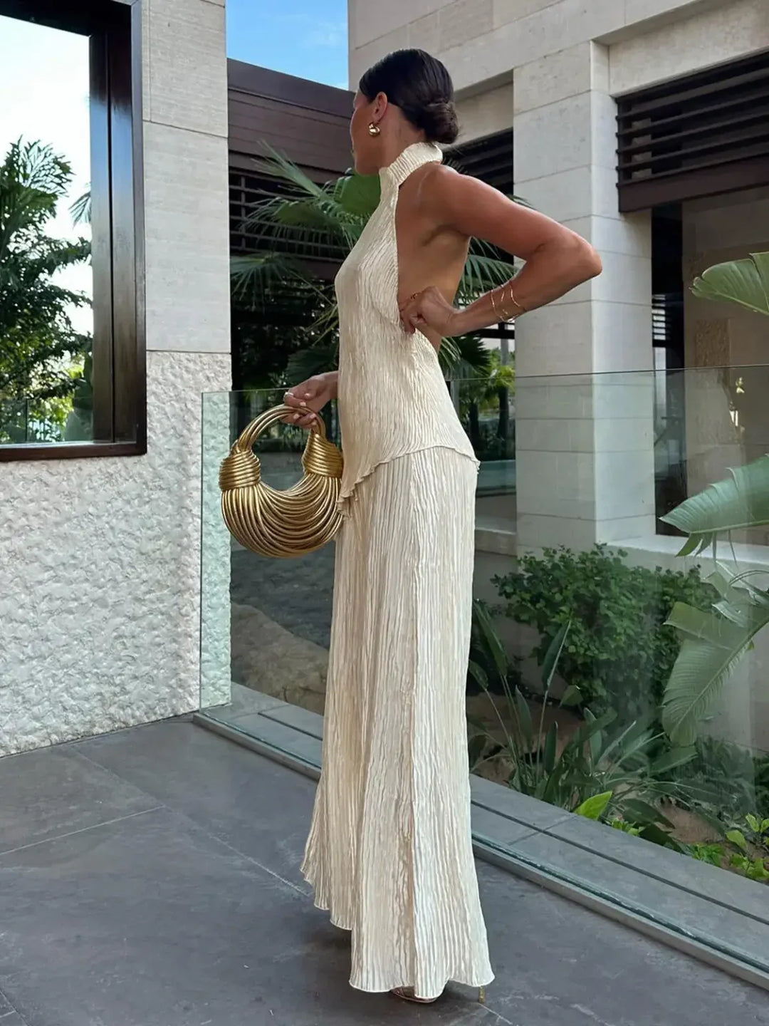 Elysia | Elegant Halter Pleated Two Piece Wide Leg Set