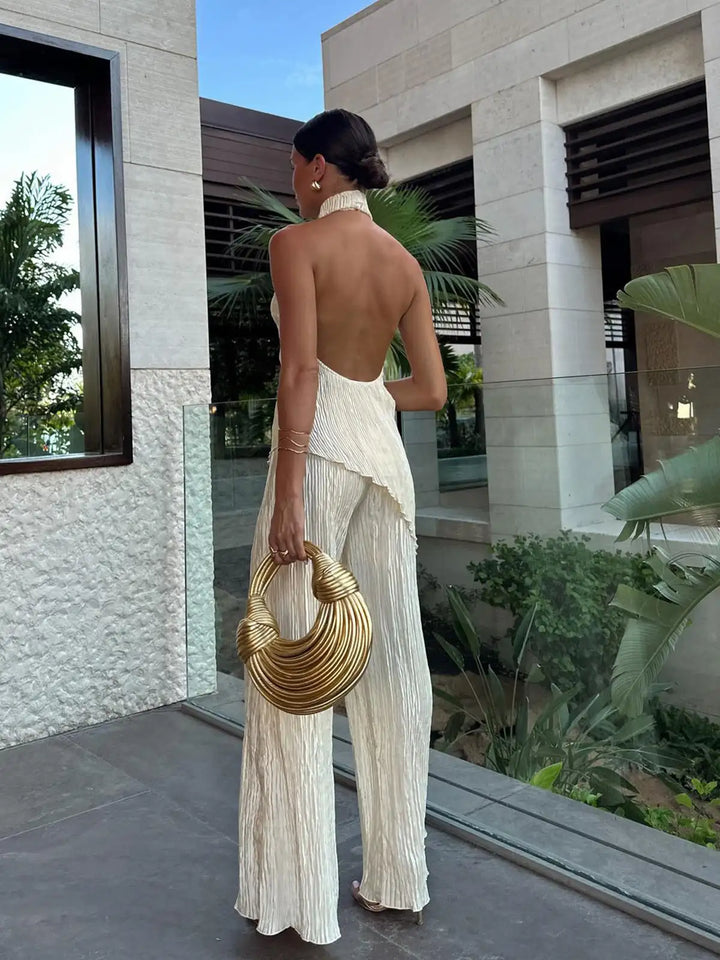 Elysia | Elegant Halter Pleated Two Piece Wide Leg Set