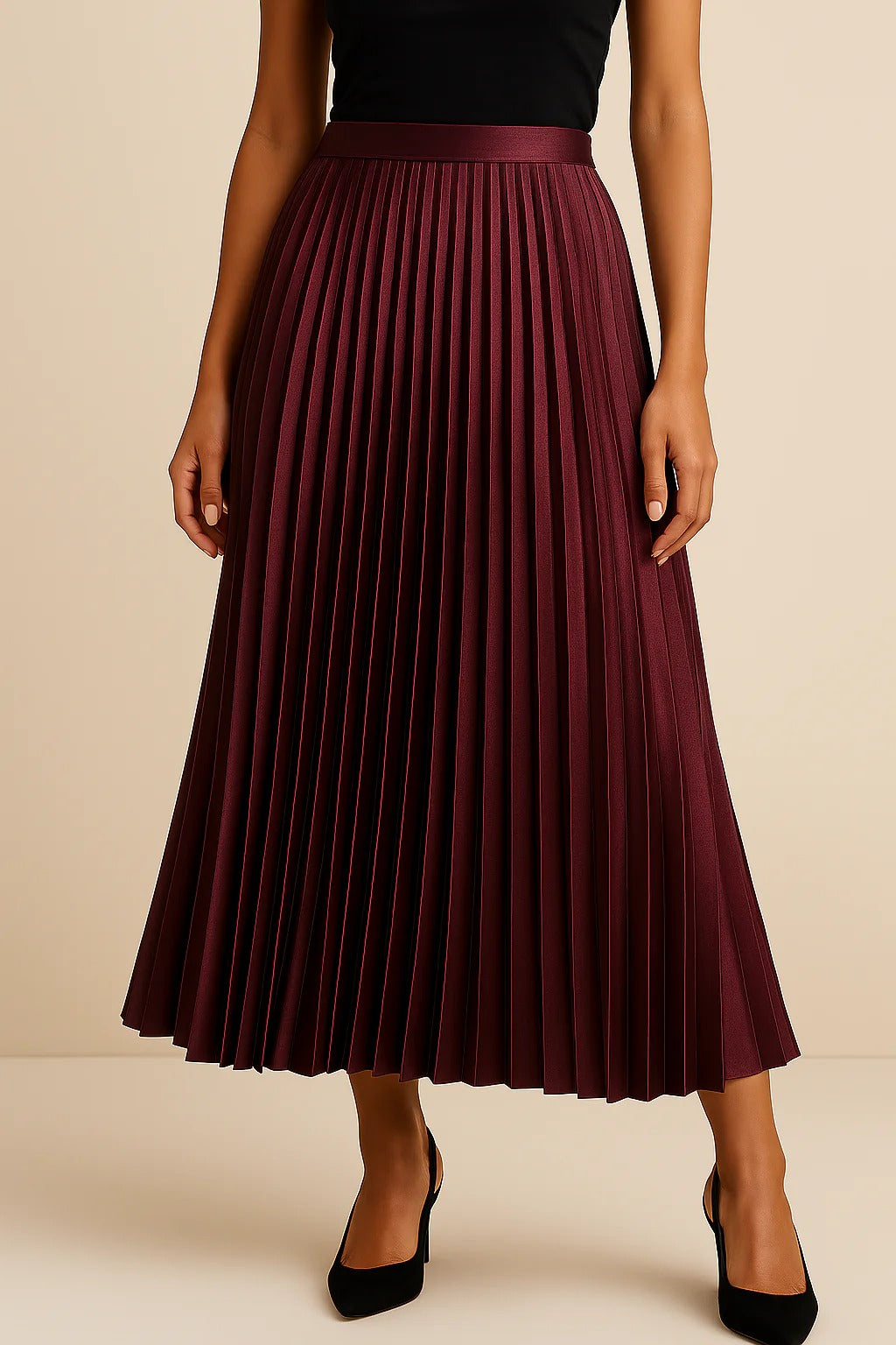 Margot | Elegant Black Pleated High Waist Midi Skirt