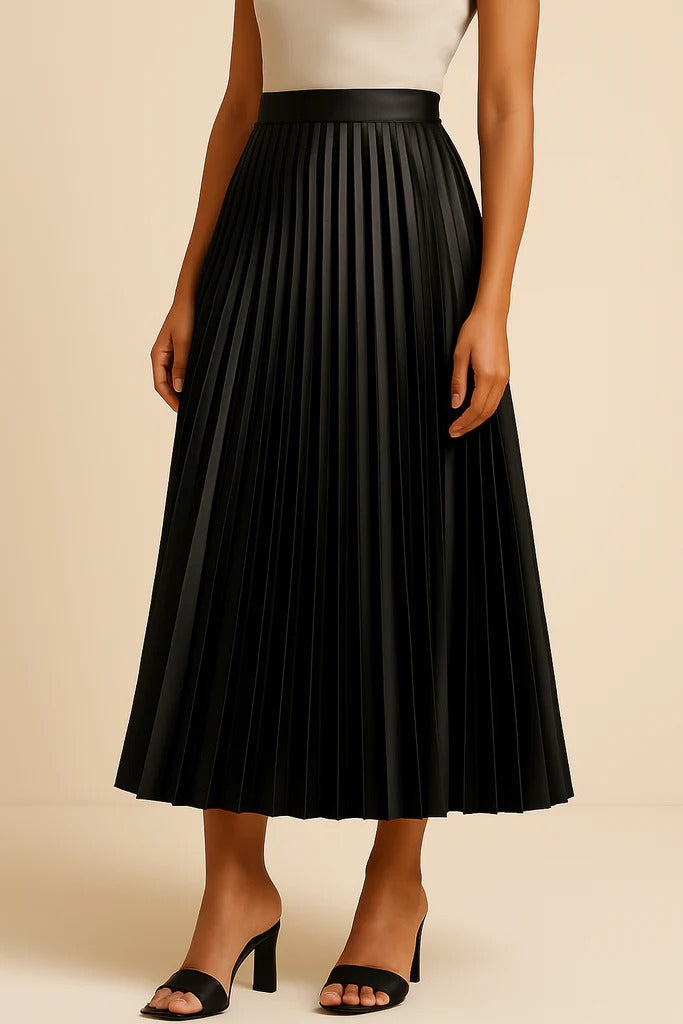 Margot | Elegant Black Pleated High Waist Midi Skirt
