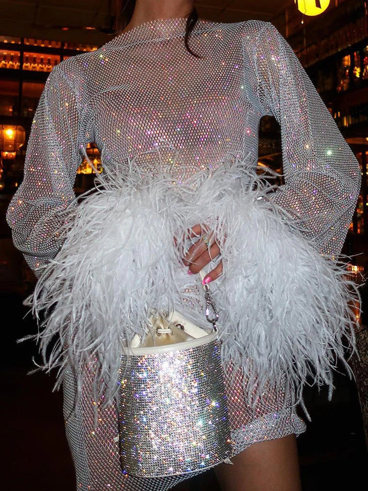 Tessa | Elegant Long Sleeve Sequin Mini Dress With Feather Cuffs