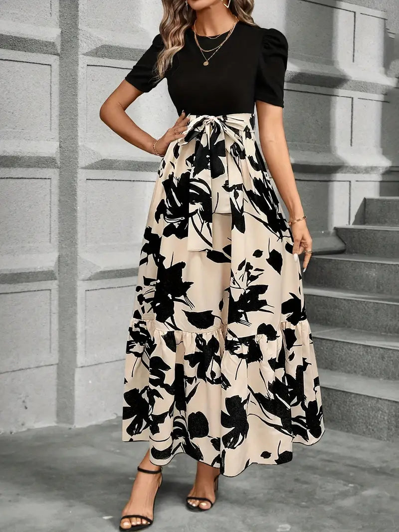 Serena | Elegant Floral Print A-Line Maxi Dress With Bow Tie Waist