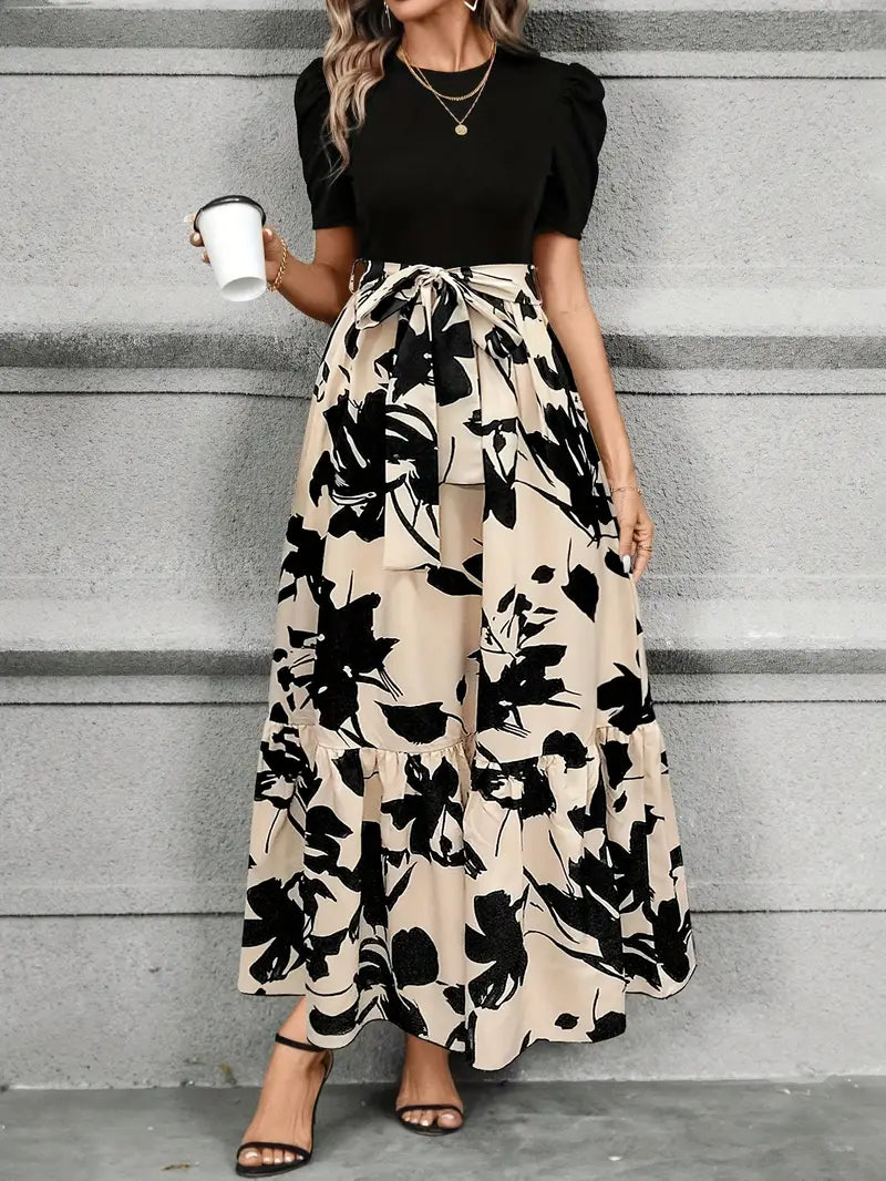 Serena | Elegant Floral Print A-Line Maxi Dress With Bow Tie Waist