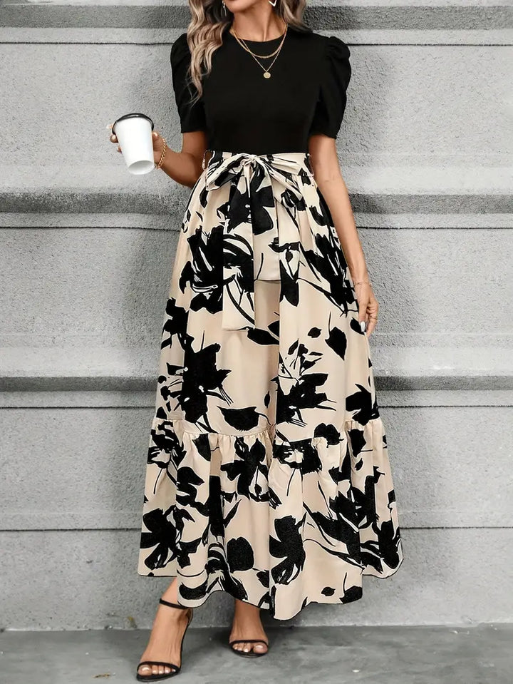 Serena | Elegant Floral Print A-Line Maxi Dress With Bow Tie Waist