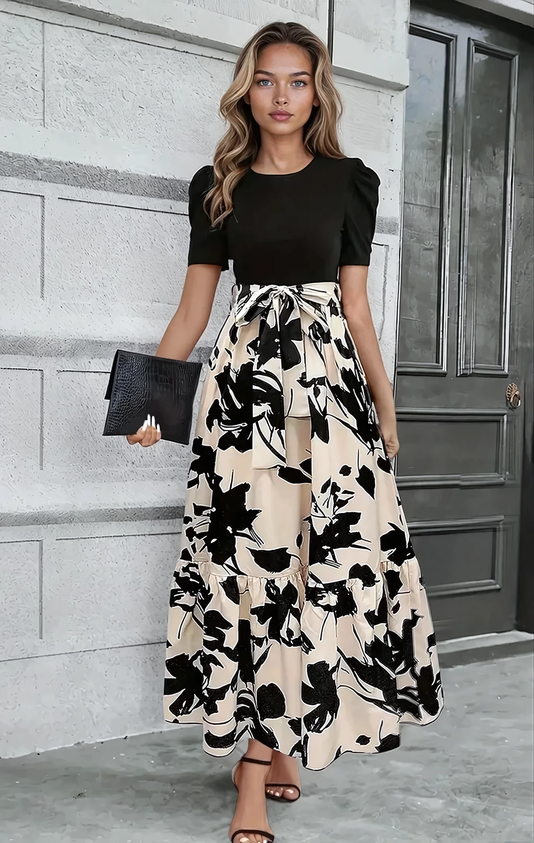 Serena | Elegant Floral Print A-Line Maxi Dress With Bow Tie Waist