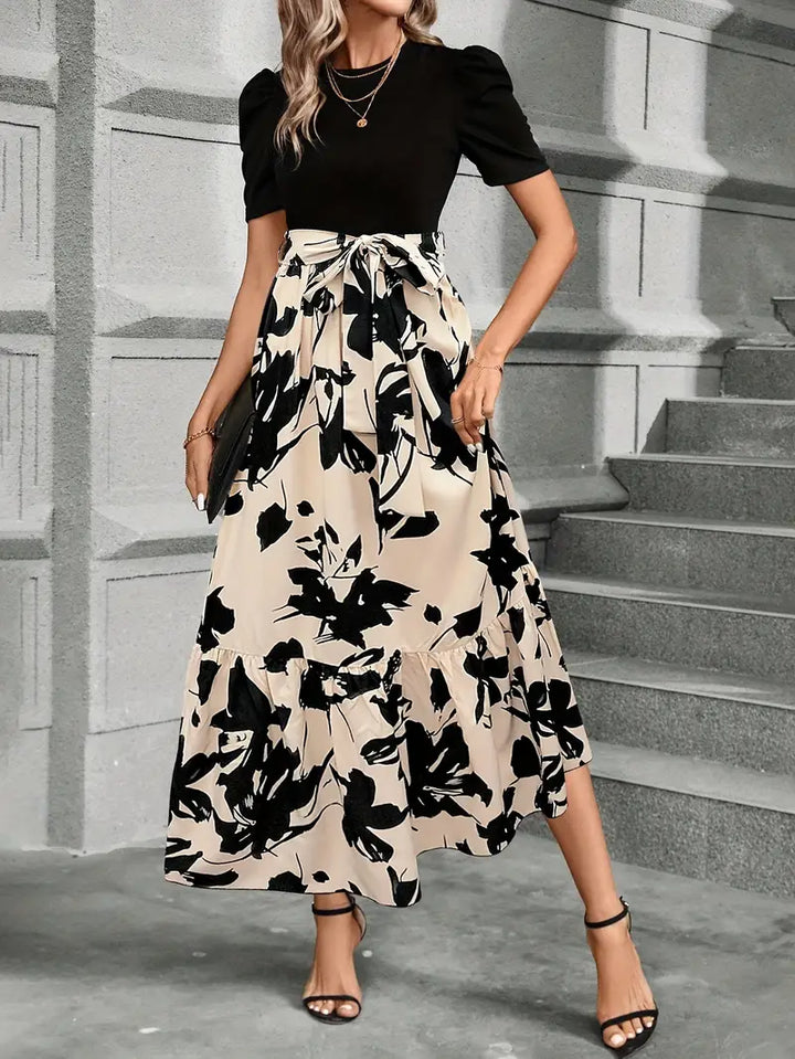 Serena | Elegant Floral Print A-Line Maxi Dress With Bow Tie Waist